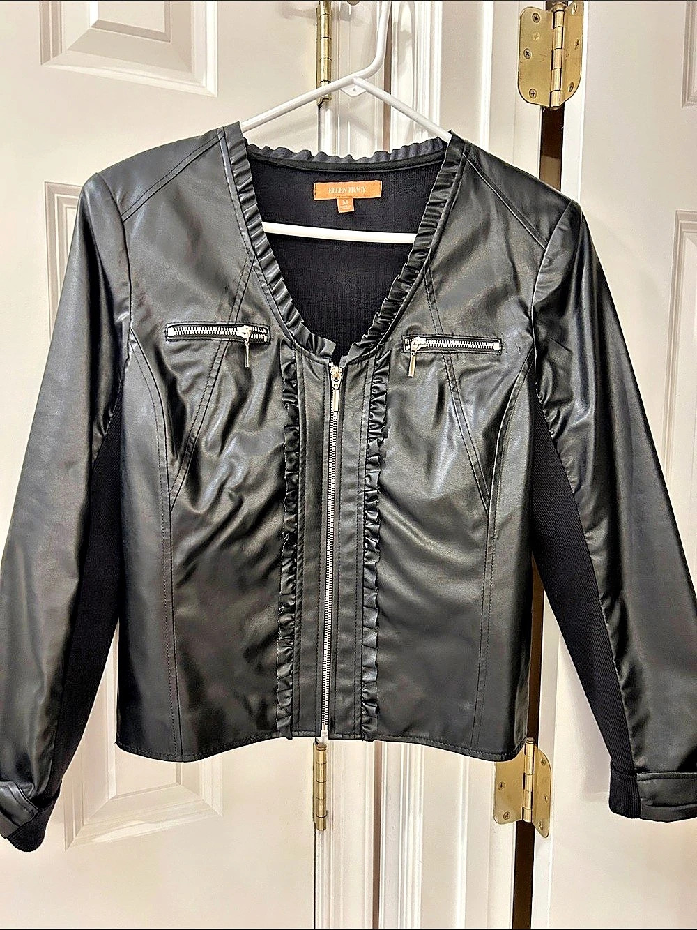 Ellen Tracy Faux Leather Ruffle Trim Jacket in Black Size Medium